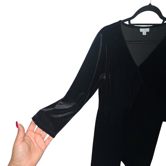 J.Jill Women's Black Velvet/Velour Faux Wrap A Line 3/4 Sleeve V-Neck Sz M Tall - Picture 2 of 13